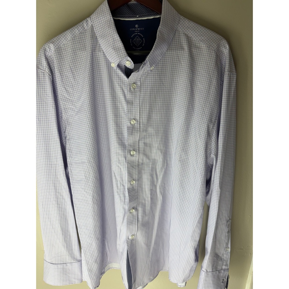 Con.Struct Slim Fit Dress Shirt XXL White Blue Geometric 4-Way Stretch No Iron